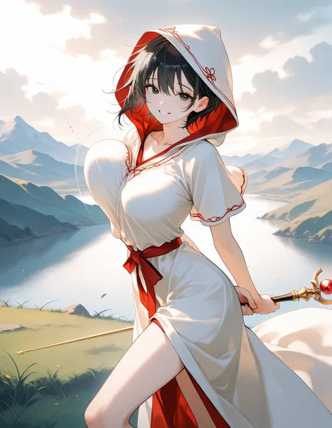 score_9, longlegs_v0.22_pony, BREAK, solo, 1 skinny girl standing, large black eyes, black short hair, BREAK, large breasts, (too short torso), (too short waist), too narrow waist, skinny legs, BREAK, smile for viewer, arched back, arms behind back, bounci...
