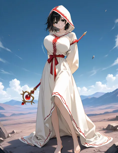 score_9, longlegs_v0.22_pony, BREAK, solo, 1 skinny girl standing, large black eyes, black short hair, BREAK, large breasts, (too short torso), (too short waist), too narrow waist, skinny legs, BREAK, smile for viewer, arched back, arms behind back, bounci...