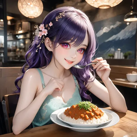 ((Highest quality, 8K, highest resolution, stunning, ultra-realistic)), ((Bra visible through clothes)), ((Wearing a pale green thin silk sleeveless shirt with cherry blossom embroidery), ((Heterochromia, red eyes, blue eyes)), ((Sparkling, detailed depict...