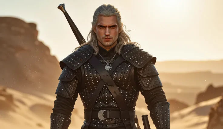 Geralt of Rivia, walking on the desert under the scorching sun