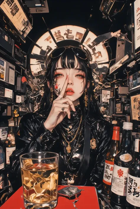breathtakingly beautiful, That's Too Beautiful, Reminds me of death, female drinking in a narrow cafe bar, mixed media work , Beautiful Japanese gothic style Japanese female,, sunglasses on the forehead, her anatomically accurate finger, at the bottom of ...