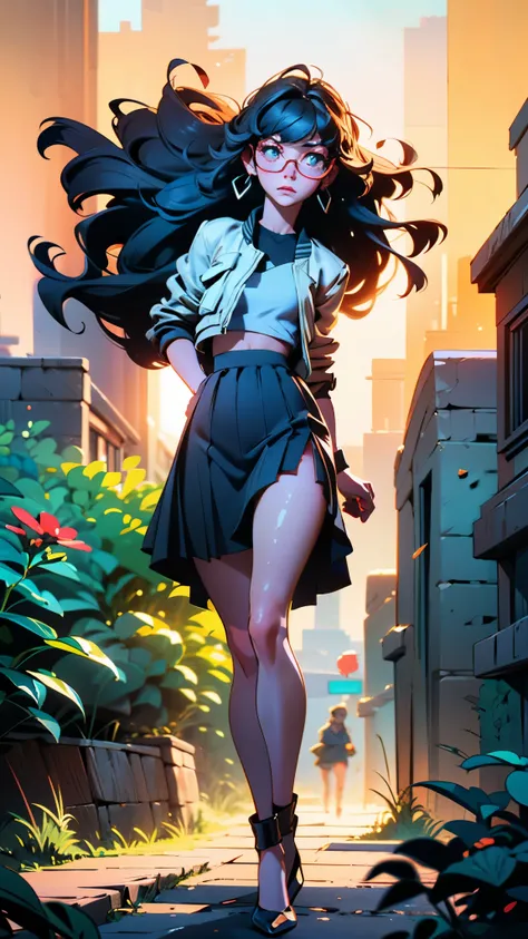 (woman alone, style of smeglejj, gorgeous eyes, red glasses, small bust, shiny white crop jacket, long flowing skirt, knee length high heels, golden string earrings)
bottom: futuristic city at night, wet streets with glitter, tall buildings with holographi...