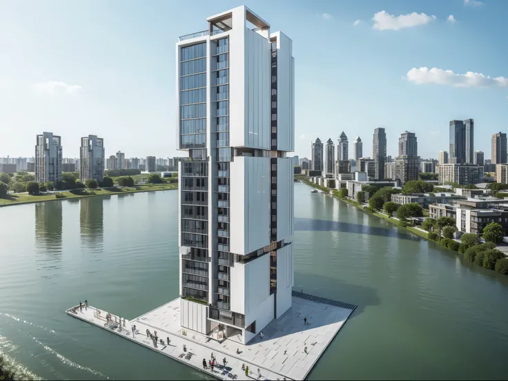 20 floor Apartment building by BIG, Realistic. people on walkways, roof top gardens, in acity