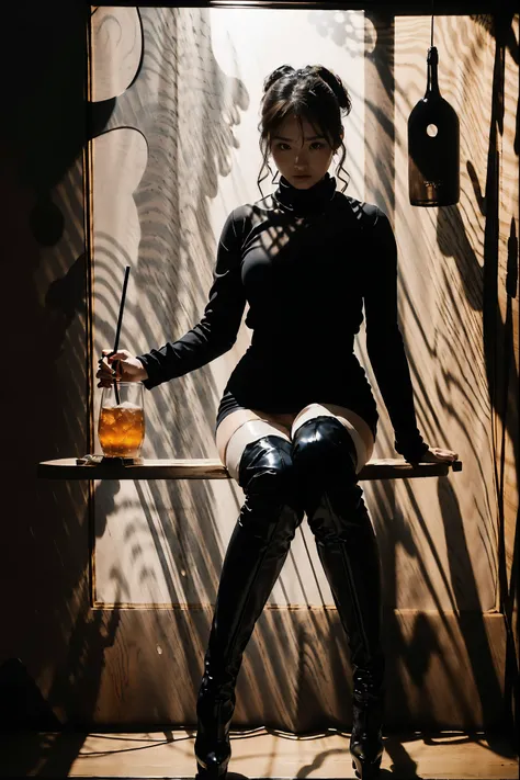 Highest Quality,masterpiece,max resolution,photorealistic,(completely dark:1.4,lamps with a faint light:1.4),(SHE IS SITTING IN A HIGHCHAIR AND DRINKING COCKTAILS IN A DARK HIDDEN BAR:1.4,The face and body are very dark:1.3),anatomically accurate,完璧な比率,per...