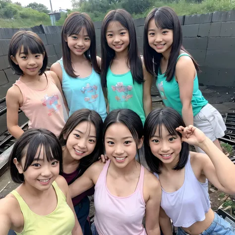Japanese s、(  There 5 cute elementary school students  ) ,((Group of 5)),Cute Girl Model,((Harem )),  5 elementary school students are very young  ,  all girls are underdeveloped  ,  ((  no makeup at the coal mine   )) ,  High image quality, masterpiece, A...