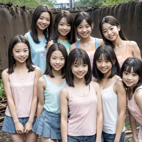 Japanese s、(  There 5 cute elementary school students  ) ,((Group of 5)),Cute Girl Model,((Harem )),  5 elementary school students are very young  ,  all girls are underdeveloped  ,  ((  no makeup at the coal mine   )) ,  High image quality, masterpiece, A...