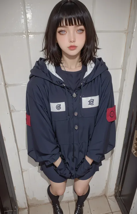 score_9,score_8_up,score_7_up,solo,looking at viewer, Hyūga _Hinata's/Boruto, White Eyes, Medium hair, Her's Long Bangs one that covers her face and the other hangs behind her head down past her shoulders,Dark Blue hair,(Future Era, Alternate Sci Fi Of Na...
