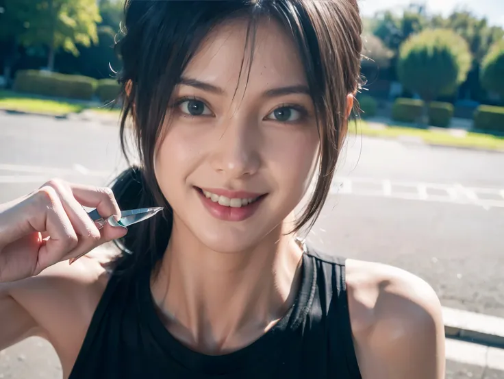 (masterpiece),best quality,amazing quality,beautiful face,((perfect assets)), (opened bombs Dynamite jacket), best quality, expressive eyes, perfect face, reze, short hair, black hair, abs, Russian Kazakhstan girl, knife holster, leggings training track lo...
