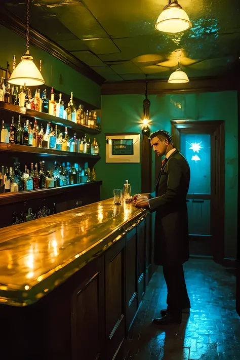 cinematic, lightly low angle, A decadent hidden speakeasy bar with a noir and mysterious atmosphere. The room is dimly lit, with flickering candlelight placed sporadically along the counter, casting soft golden glows on elegantly crafted cocktails. A male ...