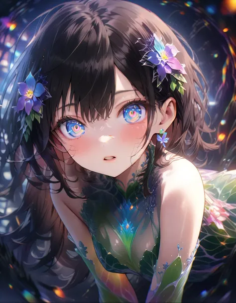 fantastic high resolution anime style、angle from directly above、warm white glow all over the screen、metaphysical pictorial background、flowers with colorful eyes on the floor々Fusion with 、Intricate Designs and Patterns、complex wavy texture that seems to ble...