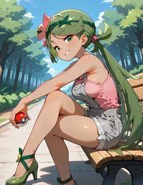 high resolution picture, masterpiece, best quality, amazing quality, solo,leaing forward:1.3, zzMallow, green hair, green eyes, hair flower, hair ornament,zzMallow, green hair, green eyes, hair flower, hair ornament, grey overalls, pink shirt, sleeveless, ...