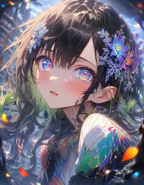 fantastic high resolution anime style、super high angle（extreme bird's-eye view from directly above）、warm white glow all over the screen、metaphysical pictorial background、flowers with colorful eyes on the floor々Fusion with 、Intricate Designs and Patterns、co...