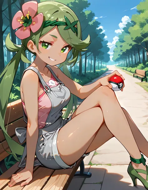 high resolution picture, masterpiece, best quality, amazing quality, from above,solo,leaing forward:1.3, zzMallow, green hair, green eyes, hair flower, hair ornament,zzMallow, green hair, green eyes, hair flower, hair ornament, grey overalls, pink shirt, s...