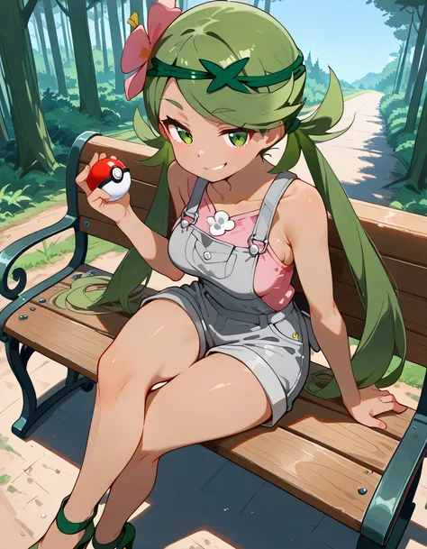 high resolution picture, masterpiece, best quality, amazing quality, from above,solo,leaing forward:1.3, zzMallow, green hair, green eyes, hair flower, hair ornament,zzMallow, green hair, green eyes, hair flower, hair ornament, grey overalls, pink shirt, s...