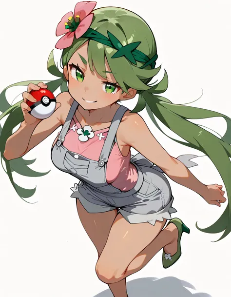 high resolution picture, masterpiece, best quality, amazing quality, from above,solo,leaing forward:1.3, zzMallow, green hair, green eyes, hair flower, hair ornament,zzMallow, green hair, green eyes, hair flower, hair ornament, grey overalls, pink shirt, s...