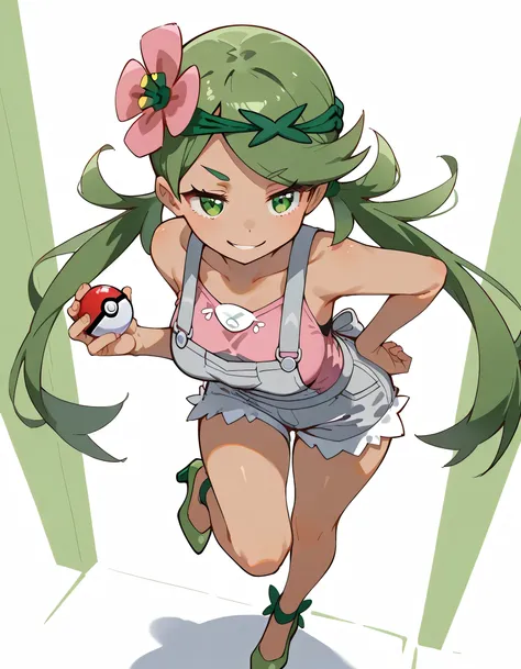high resolution picture, masterpiece, best quality, amazing quality, from above,solo,leaing forward:1.3, zzMallow, green hair, green eyes, hair flower, hair ornament,zzMallow, green hair, green eyes, hair flower, hair ornament, grey overalls, pink shirt, s...
