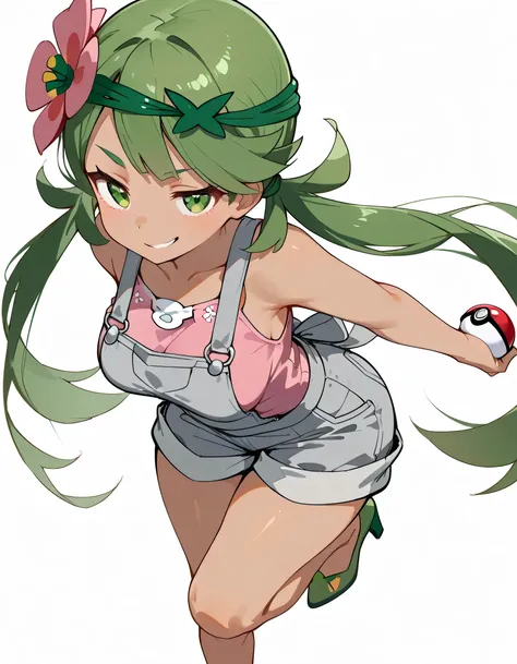 high resolution picture, masterpiece, best quality, amazing quality, from above,solo,leaing forward:1.3, zzMallow, green hair, green eyes, hair flower, hair ornament,zzMallow, green hair, green eyes, hair flower, hair ornament, grey overalls, pink shirt, s...