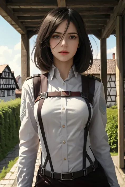 Generate image of one beautiful girl, beautiful hair, realistic, high quality, (masterpiece: 1.5), highly detailed, detailed eyes, Mikasa, in her military uniform, image from head to thighs,background: standing on the terrace of mediaeval houses of germany...