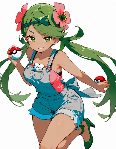 high resolution picture, masterpiece, best quality, amazing quality,front view,solo,leaing forward:1.3, zzMallow, green hair, green eyes, hair flower, hair ornament,zzMallow, green hair, green eyes, hair flower, hair ornament, grey overalls, pink shirt, sl...