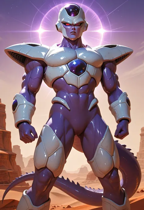 A hyper-realistic CGI rendering of Cooler in Final Form from Dragon Ball Z. The character stands in an intimidating pose in an alien desert landscape, with a muscular purple body, white bio-armor, and a long, curved tail. His white helmet features a deep b...