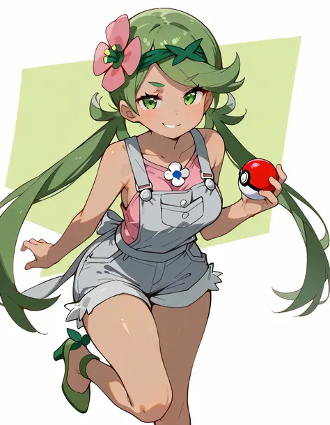 high resolution picture, masterpiece, best quality, amazing quality,front view,solo,leaing forward:1.3, zzMallow, green hair, green eyes, hair flower, hair ornament,zzMallow, green hair, green eyes, hair flower, hair ornament, grey overalls, pink shirt, sl...