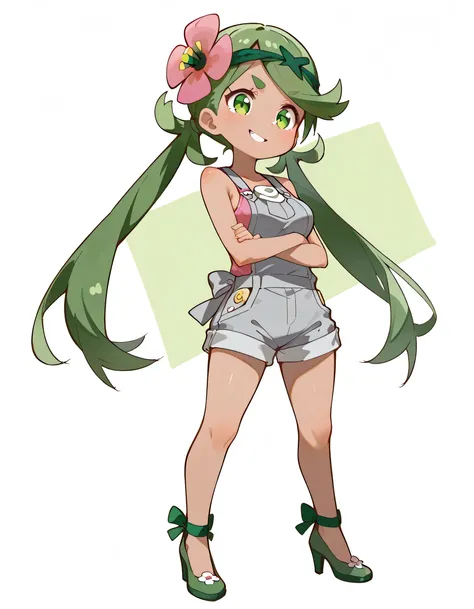 (chibi,fullbody)high resolution picture, masterpiece, best quality, amazing quality,solo, zzMallow, green hair, green eyes, hair flower, hair ornament,zzMallow, green hair, green eyes, hair flower, hair ornament, grey overalls, pink shirt, sleeveless, grey...
