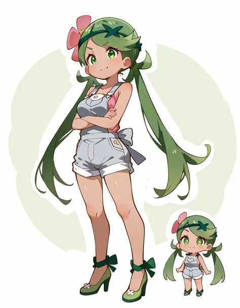(chibi,fullbody),(warizaa),high resolution picture, masterpiece, best quality, amazing quality,solo, zzMallow, green hair, green eyes, hair flower, hair ornament,zzMallow, green hair, green eyes, hair flower, hair ornament, grey overalls, pink shirt, sleev...
