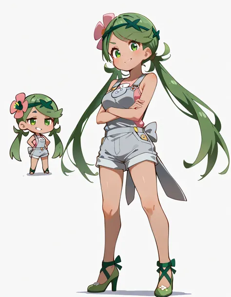 (chibi,fullbody),(warizaa),high resolution picture, masterpiece, best quality, amazing quality,solo, zzMallow, green hair, green eyes, hair flower, hair ornament,zzMallow, green hair, green eyes, hair flower, hair ornament, grey overalls, pink shirt, sleev...