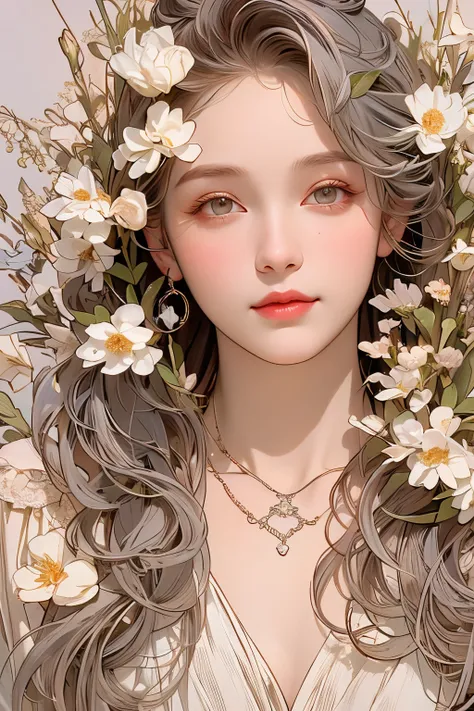 (Oil painting of a young, beautiful woman), striking portrait, (calm, gentle, girlish smile), (almost straight, medium-long silver-gray blonde hair), (close-up), glossy lips, (simple, urbane, sharp shirt), (slim figure), small necklace, soft spring sunligh...