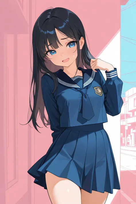 masterpiece, Highest Quality, 2D, flat shading, looking at flat illustration, pastel color ,  low contrast ,  Line Art, rough pattern , one girl, sexy , adults , Around town , skirt for ears , uniform , dark blue sailor suit , blue school tie ribbon , whit...