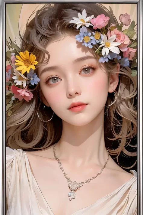 (oil painting of a young, beautiful woman), rough touch, impressive portrait, (calm and gentle girlish smile), (almost straight medium-long silver-gray blonde hair), (close-up), glossy lips, (simple, urbane shirt in spring colors), (slim figure), small nec...