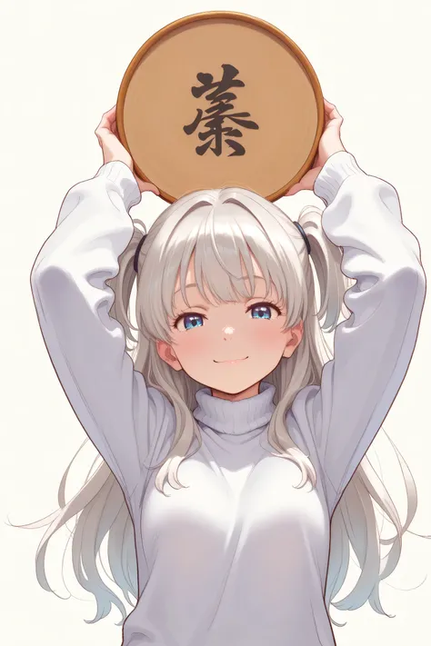 1 girl, (front view:1.9), (both hands raised above their head, holding a round board:1.5), gazing directly at the viewer, petite body, slender figure, small breasts, small frame, innocent smile, bright blue eyes, fair smooth skin, rosy cheeks, glossy lips,...