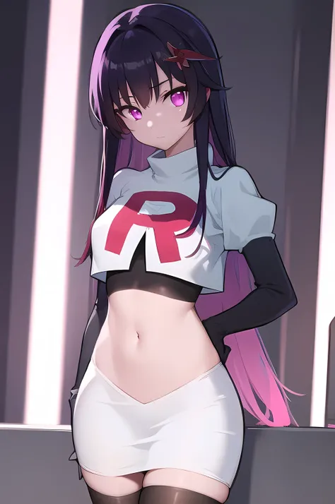 honkaisparkle, black hair, colored inner hair, glasses, hair intakes, hair ornament, hairclip, long hair, multicolored hair, (pink eyes:1.3), purple hair, straight hair, 
BREAK team rocket,team rocket uniform,white skirt,red letter R,crop top,black thigh-h...