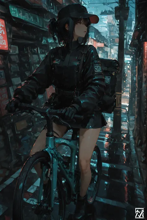 Sci-fi movie, girl riding a bicycle, long black hair, hair tied up, beautiful face, hat with company logo, at work, delivery person, uniform, gloves, delivery bag, mini skirt, main street, roadway, in a hurry, road bike, ((accurate bicycle)), amazing back...
