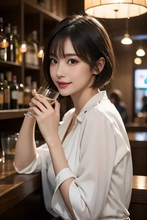 realistic、Detailed Exact、high image quality、8K、((He is sitting at the bar counter and holding a glass in his hand))、((side view))、((holding glasses in hand ))、Rock Brandy、1 woman、after work、((short short hair))、(( has bangs))、((Long, sharp suspension 2.0))...