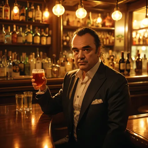 The anime-style 3-life character、Al Capone enjoys drinking alcohol while playing card games at a Chicago bar。The background is a realistic BAR(Chicago Prohibition Era)