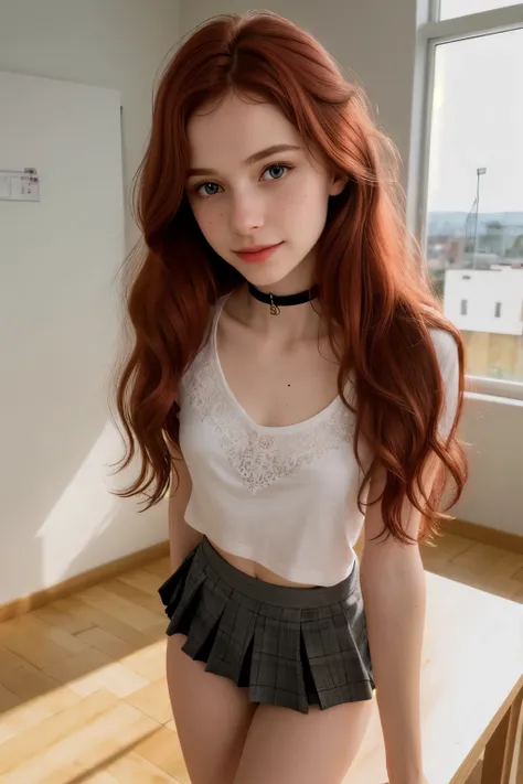 RAW photo,( skinny redhead girl:1.2), wearing a sheer school shirt and pleated skirt, in a classroom, (best quality, high quality), hyperdetailed, highres, high detail, intricate detail, HDR, 8k, sharp focus, detailed background, perfect hands, realistic...