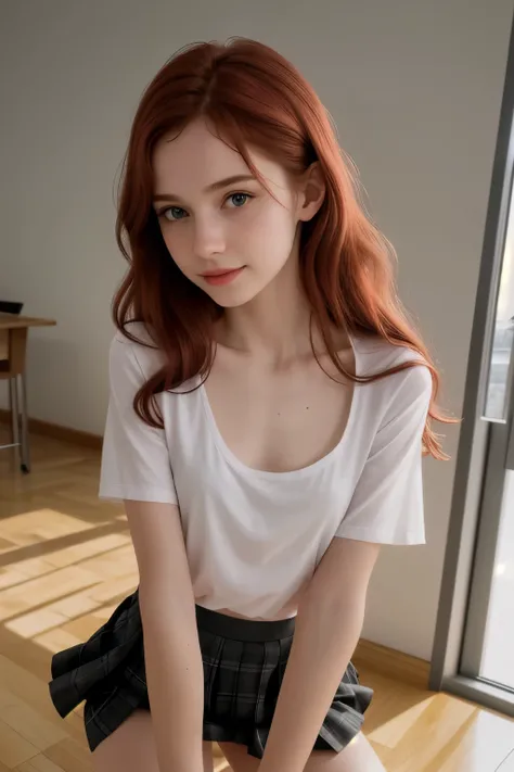 RAW photo,( skinny redhead girl:1.2), wearing a sheer school shirt and pleated skirt, in a classroom, (best quality, high quality), hyperdetailed, highres, high detail, intricate detail, HDR, 8k, sharp focus, detailed background, perfect hands, realistic...