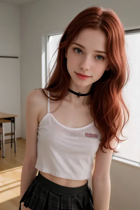 RAW photo,( skinny redhead girl:1.2), wearing a sheer school shirt and pleated skirt, in a classroom, (best quality, high quality), hyperdetailed, highres, high detail, intricate detail, HDR, 8k, sharp focus, detailed background, perfect hands, realistic...