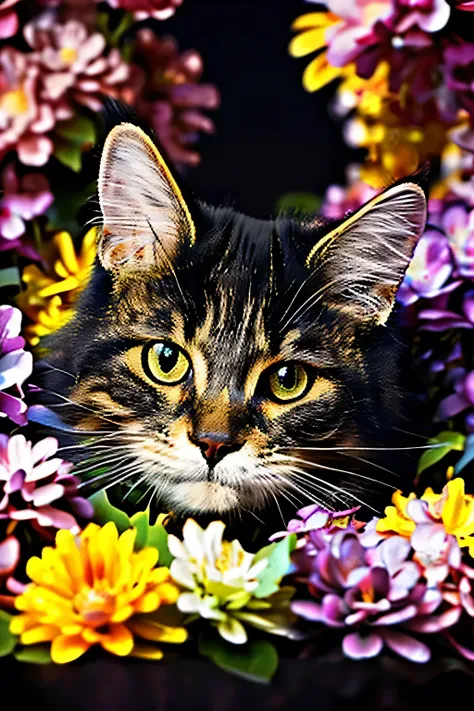 Close-up of a cat silhouette formed entirely by a mosaic of colorful flowers and petals, each bloom exquisitely detailed, arranged to define ears, face, body, and tail, set against a deep black background. Ultra high-resolution 8K, hyper-detailed 4K painti...