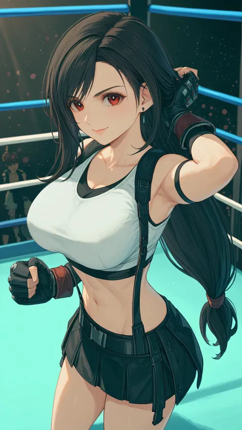tifa7re, solo, white sports bra, black sports very short spats, boxing gloves, bare thigh, cleavage, large breast, slim body, detailed eyes, detailed face, serious smile, looking at viewer, arm up, (portrait, from side-above). boxing ring, spectator seats,...
