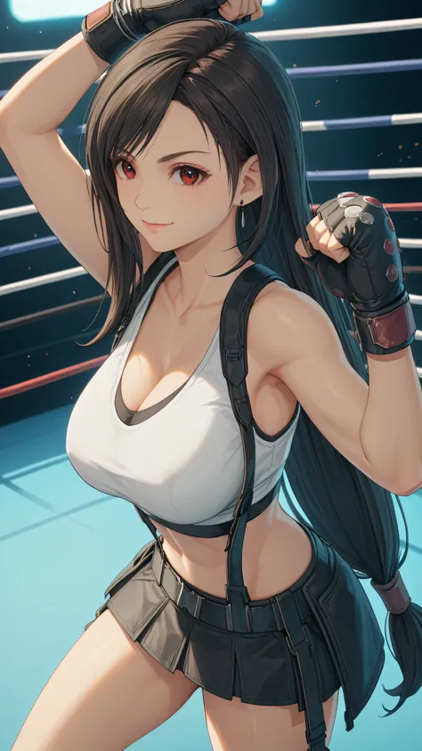 tifa7re, solo, white sports bra, black sports very short spats, boxing gloves, bare thigh, cleavage, large breast, slim body, detailed eyes, detailed face, serious smile, looking at viewer, arm up, (portrait, from side-above). boxing ring, spectator seats,...