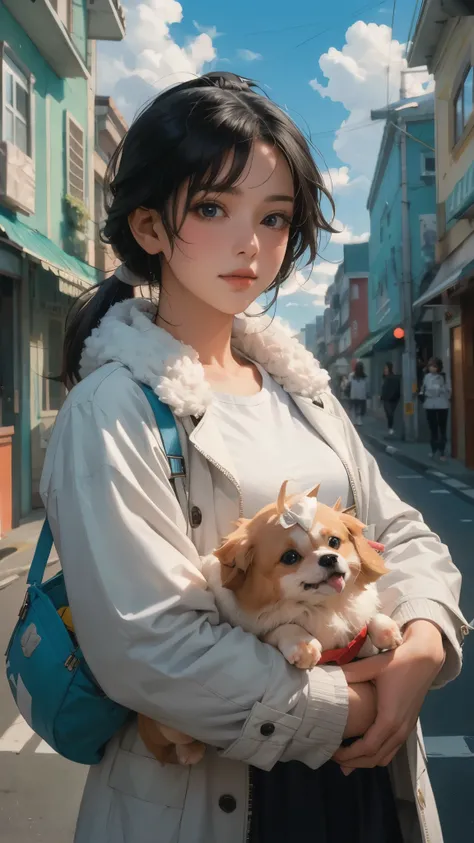 girl, white jacket with fluffy fur collar, white shirt, low ponytail, black hair, looking at viewer, (carrying pomeranian dog), street, blue sky, white cloud,
