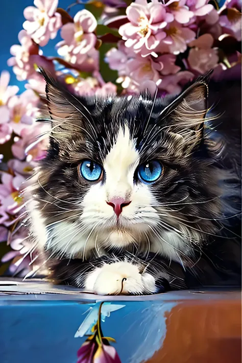 Picture of a blue-eyed cat with flowers, just a joke , by Randy Gallegos, Detailed painting 4k, by Rob Alexander , Alex grey cat , try Andrews : : gorgeous, Lisa Parker , by Jaime Jones, Greatest Masterpiece Ansolo Portrait, by justin gerard, Pat Adam...