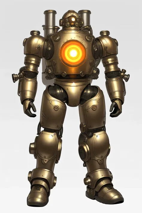 2d digital illustration, art style, steampunk armor exoskeleton design for a man full body armor up to the feet, front view. Two glowing round eyes, With color details: gold and silver. pistons, pipes attached to hands and legs, shock absorbers, glowing or...