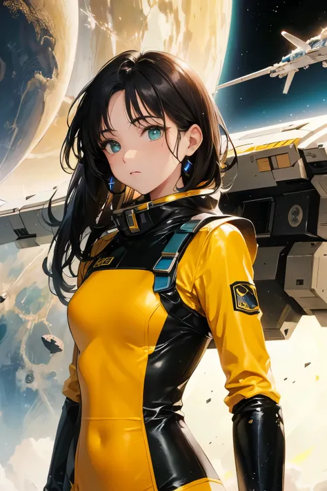 spaceship, Captain Future, comet, Extremely detailed and beautiful design, illustrations, masterpiece,best quality, high resolution, 8k, sf, SPACE FANTASY, Extremely beautiful、Skillfully designed , Very Fine and Beautiful Colors , anime girl with short g...