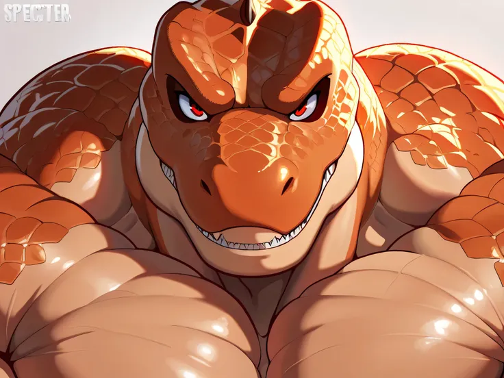 Alone, Dinosaur, big muscles, thick legs, muscular arms, Looking at the specter, Very detailed, masterpiece, great quality, bara, muscular pecs, Big pecs, close up on face, face focus, looking at viewer, zoom in on face, wide shoulders, muscular shoulders,...