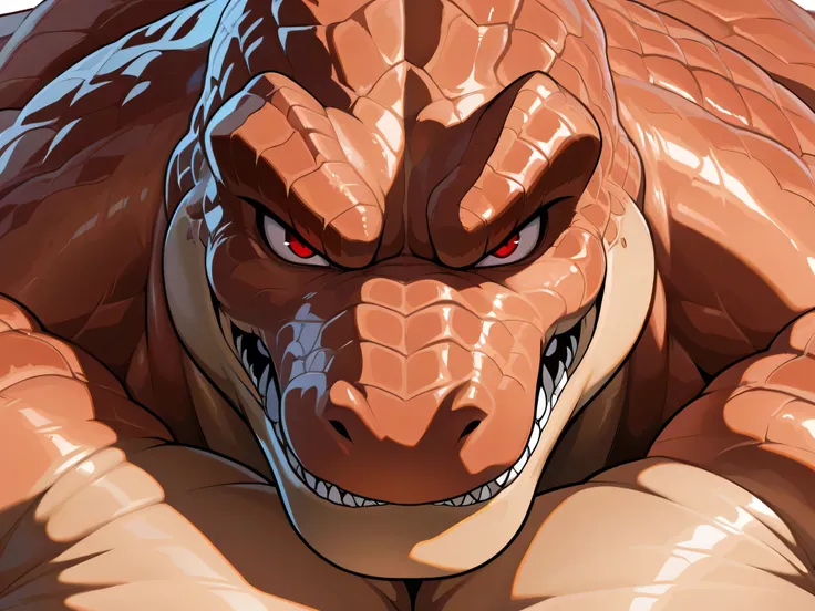 Alone, Dinosaur, big muscles, thick legs, muscular arms, Looking at the specter, Very detailed, masterpiece, great quality, bara, muscular pecs, Big pecs, close up on face, face focus, looking at viewer, zoom in on face, wide shoulders, muscular shoulders,...