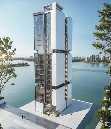 20 floor Apartment building by BIG, Realistic. people on walkways, roof top gardens, in acity