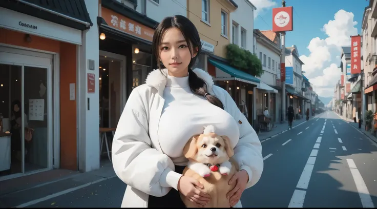 girl, white jacket with fluffy fur collar, (gigantic breasts:1.4), white shirt, low ponytail, black hair, looking at viewer, (carrying pomeranian dog, detailed fur), street, blue sky, white cloud,